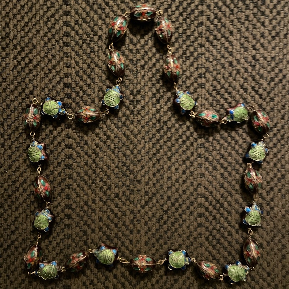 Purple Turtle and Flower Cloisonne Necklace, 28” - Picture 6 of 6